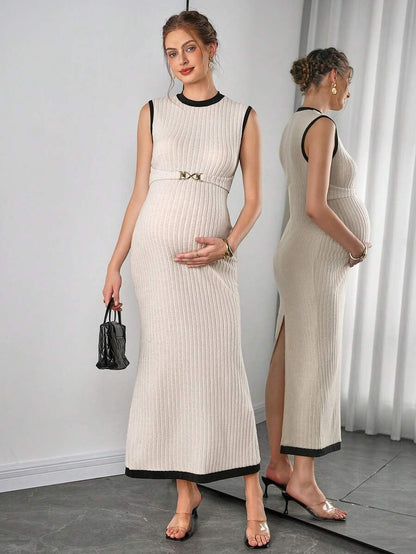 Maternity Fitted Dress - Round Neck, Metal Waist Buckle, Back Slit, Slim Fit, Apricot
