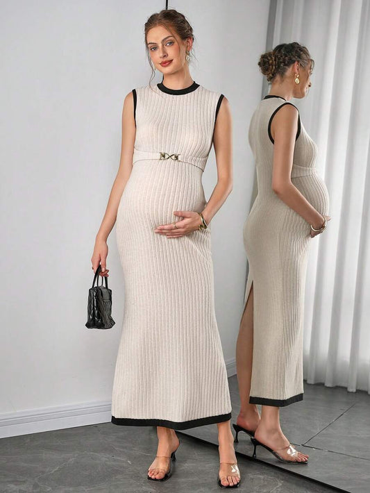 Maternity Fitted Dress - Round Neck, Metal Waist Buckle, Back Slit, Slim Fit, Apricot