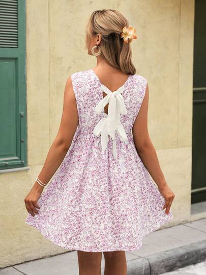 Maternity Boho Purple Random Print Sleeveless A-Line Knee Length Dress with Bow Back