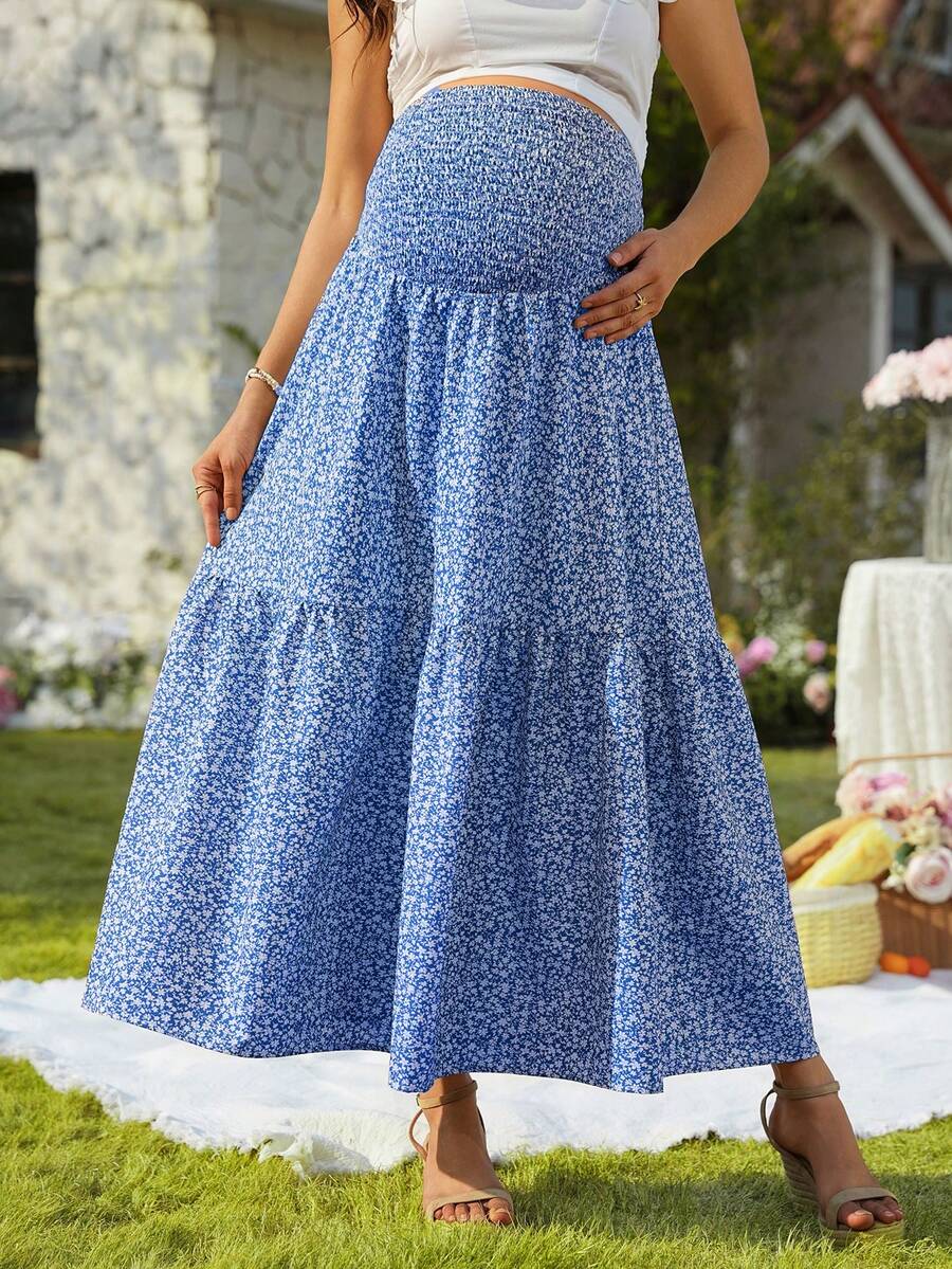 Blue Ditsy Floral Maternity Maxi Skirt with Adjustable Shirred Waist and Ruffle Hem Boho A-Line Loose Fit Summer Pregnancy Long Skirt