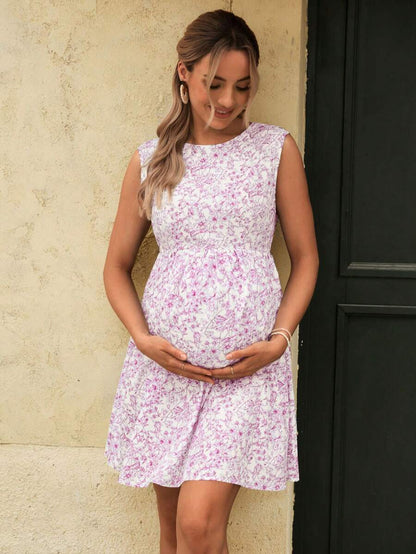 Boho Plant Print Backless Bow Maternity Mini Dress - Sleeveless High Waist A-Line Knee Length Vacation Dress for Pregnancy