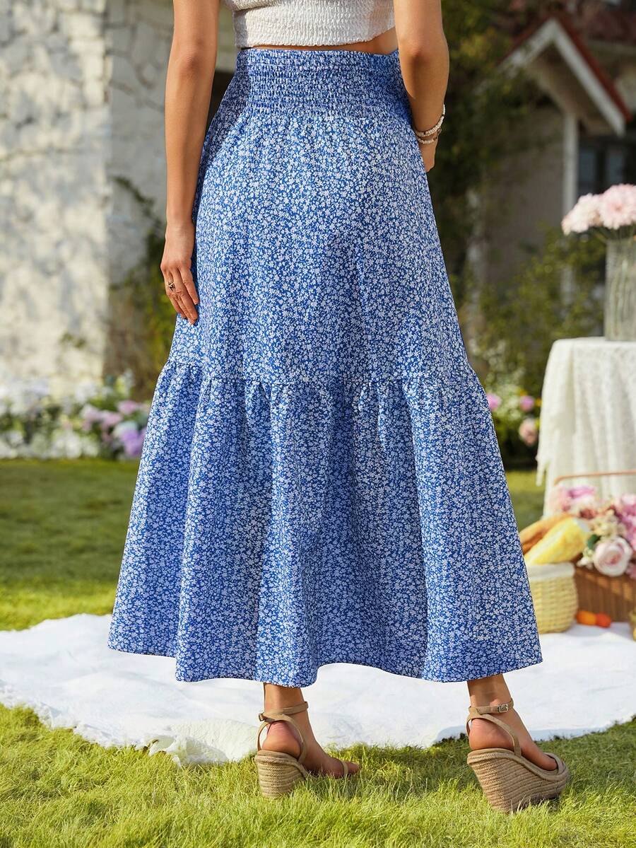 Blue Ditsy Floral Maternity Maxi Skirt with Adjustable Shirred Waist and Ruffle Hem Boho A-Line Loose Fit Summer Pregnancy Long Skirt