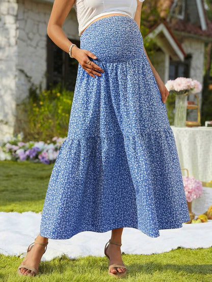 Blue Ditsy Floral Maternity Maxi Skirt with Adjustable Shirred Waist and Ruffle Hem Boho A-Line Loose Fit Summer Pregnancy Long Skirt