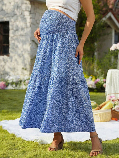 Blue Ditsy Floral Maternity Maxi Skirt with Adjustable Shirred Waist and Ruffle Hem Boho A-Line Loose Fit Summer Pregnancy Long Skirt