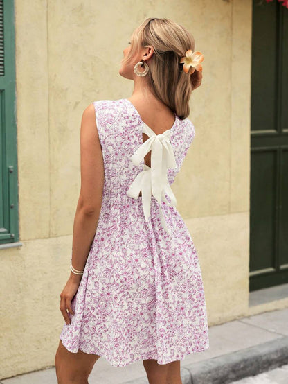 Boho Plant Print Backless Bow Maternity Mini Dress - Sleeveless High Waist A-Line Knee Length Vacation Dress for Pregnancy