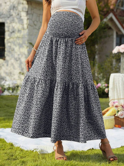 Blue Ditsy Floral Maternity Maxi Skirt with Adjustable Shirred Waist and Ruffle Hem Boho A-Line Loose Fit Summer Pregnancy Long Skirt