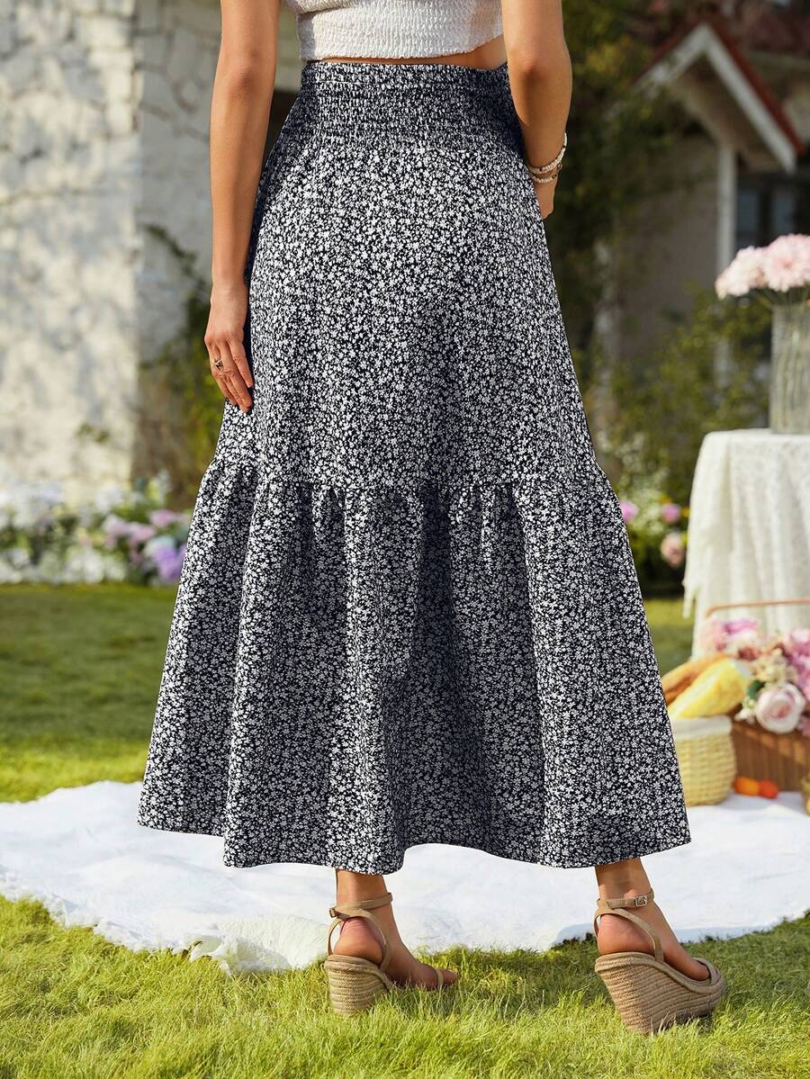 Blue Ditsy Floral Maternity Maxi Skirt with Adjustable Shirred Waist and Ruffle Hem Boho A-Line Loose Fit Summer Pregnancy Long Skirt
