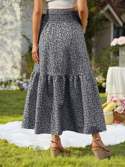 Blue Ditsy Floral Maternity Maxi Skirt with Adjustable Shirred Waist and Ruffle Hem Boho A-Line Loose Fit Summer Pregnancy Long Skirt