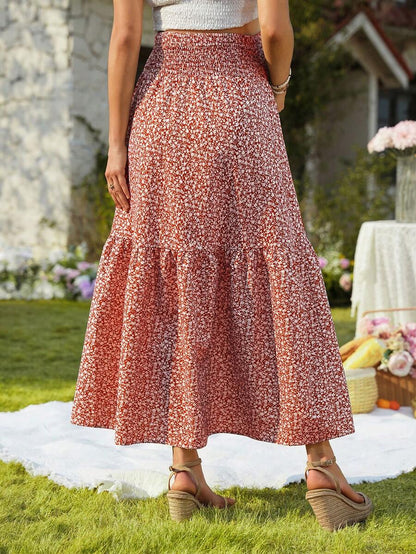 Blue Ditsy Floral Maternity Maxi Skirt with Adjustable Shirred Waist and Ruffle Hem Boho A-Line Loose Fit Summer Pregnancy Long Skirt