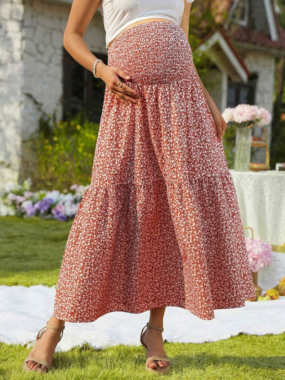 Blue Ditsy Floral Maternity Maxi Skirt with Adjustable Shirred Waist and Ruffle Hem Boho A-Line Loose Fit Summer Pregnancy Long Skirt