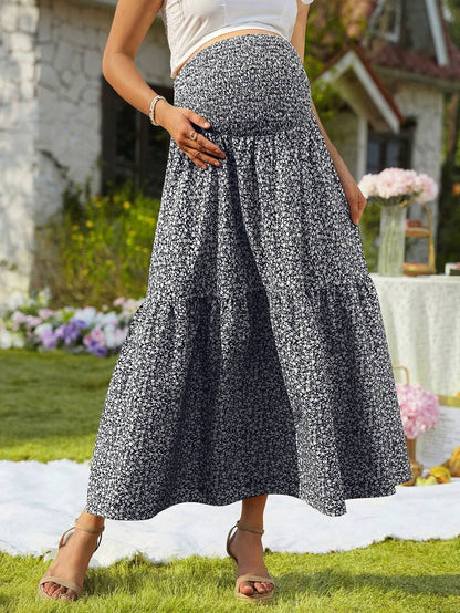 Blue Ditsy Floral Maternity Maxi Skirt with Adjustable Shirred Waist and Ruffle Hem Boho A-Line Loose Fit Summer Pregnancy Long Skirt