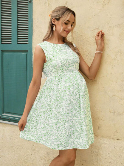 Boho Plant Print Backless Bow Maternity Mini Dress - Sleeveless High Waist A-Line Knee Length Vacation Dress for Pregnancy
