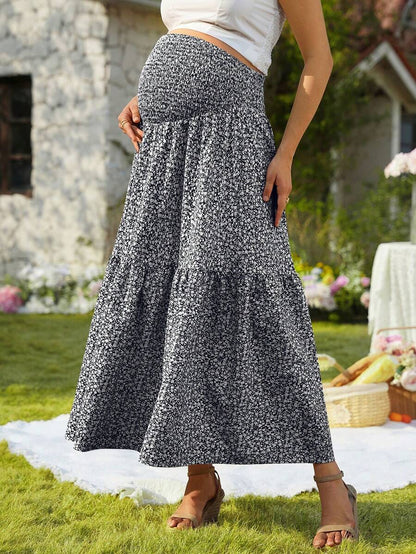 Blue Ditsy Floral Maternity Maxi Skirt with Adjustable Shirred Waist and Ruffle Hem Boho A-Line Loose Fit Summer Pregnancy Long Skirt
