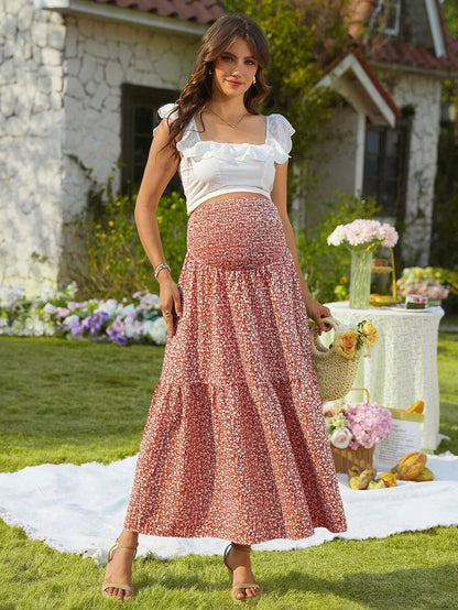Blue Ditsy Floral Maternity Maxi Skirt with Adjustable Shirred Waist and Ruffle Hem Boho A-Line Loose Fit Summer Pregnancy Long Skirt