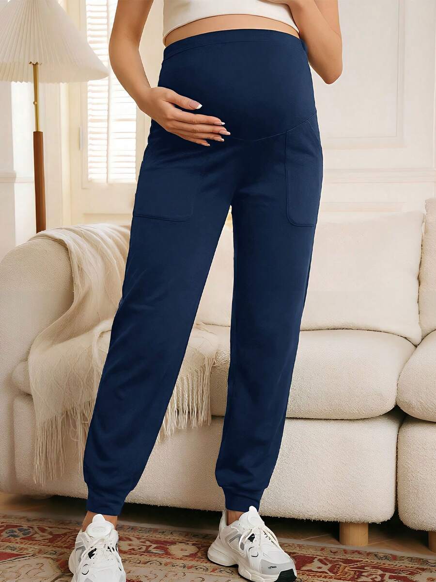 Maternity Sports Sweatpants Army Green Ultra High Waist Belly Support Knitted Joggers with Pockets for Beach and Casual Wear