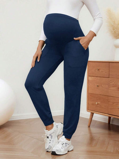 Maternity Sports Sweatpants Army Green Ultra High Waist Belly Support Knitted Joggers with Pockets for Beach and Casual Wear