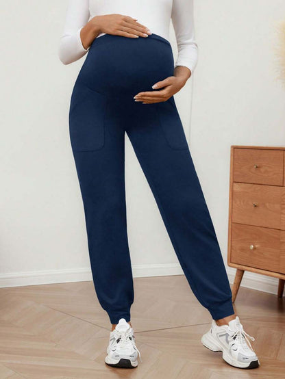 Maternity Sports Sweatpants Army Green Ultra High Waist Belly Support Knitted Joggers with Pockets for Beach and Casual Wear