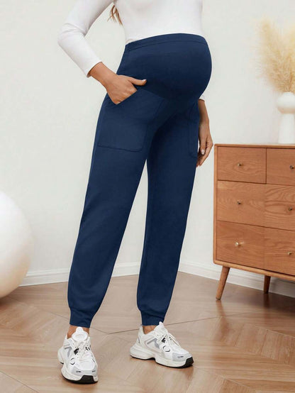 Maternity Sports Sweatpants Army Green Ultra High Waist Belly Support Knitted Joggers with Pockets for Beach and Casual Wear