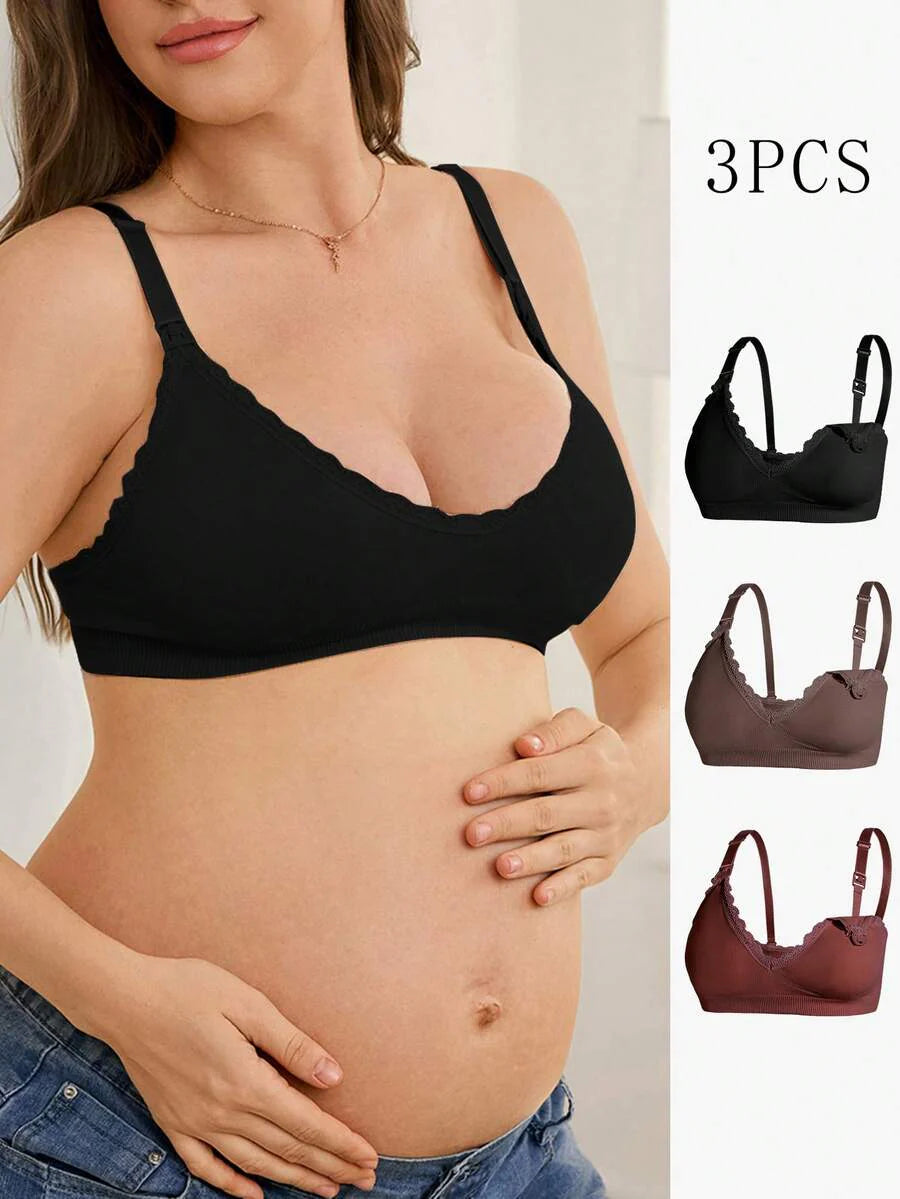 Maternity Nursing Bra Set 3 Pack - Seamless Solid Color Minimalist High Quality Breastfeeding