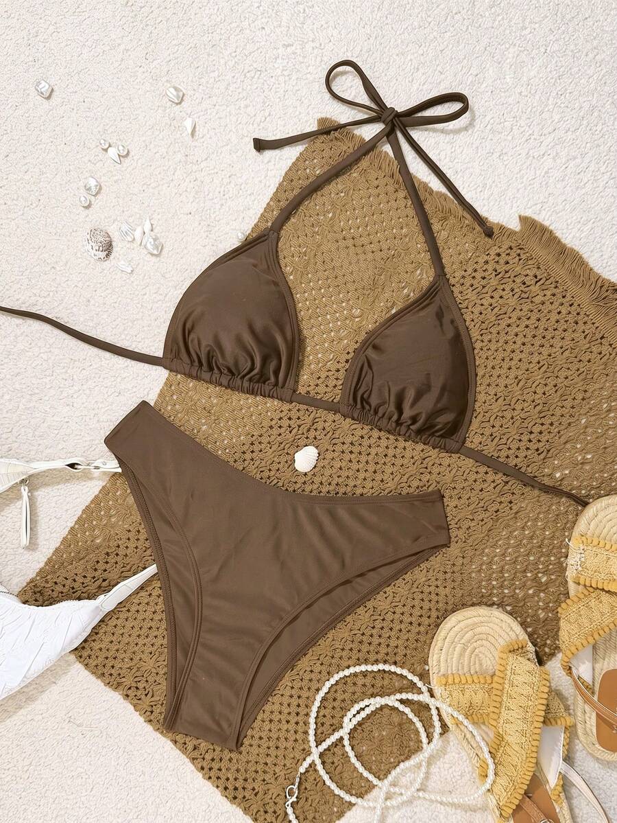 Swim Vcay 2026 Spring/Summer Women's Spaghetti Strap Halter Neck Black Base White Polka Dot Random Print Sweet Cute Side High Cut Bikini Swimwear 2-Piece Set Vacation Bikini Set Pink Bikini Set High Leg Bikini Set Modest Bikini Set Bikini Set