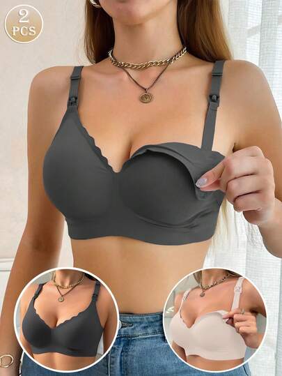 Maternity Nursing Bra 2 Pack - Front Clasp Detachable Minimalist Breastfeeding, Pregnancy Support