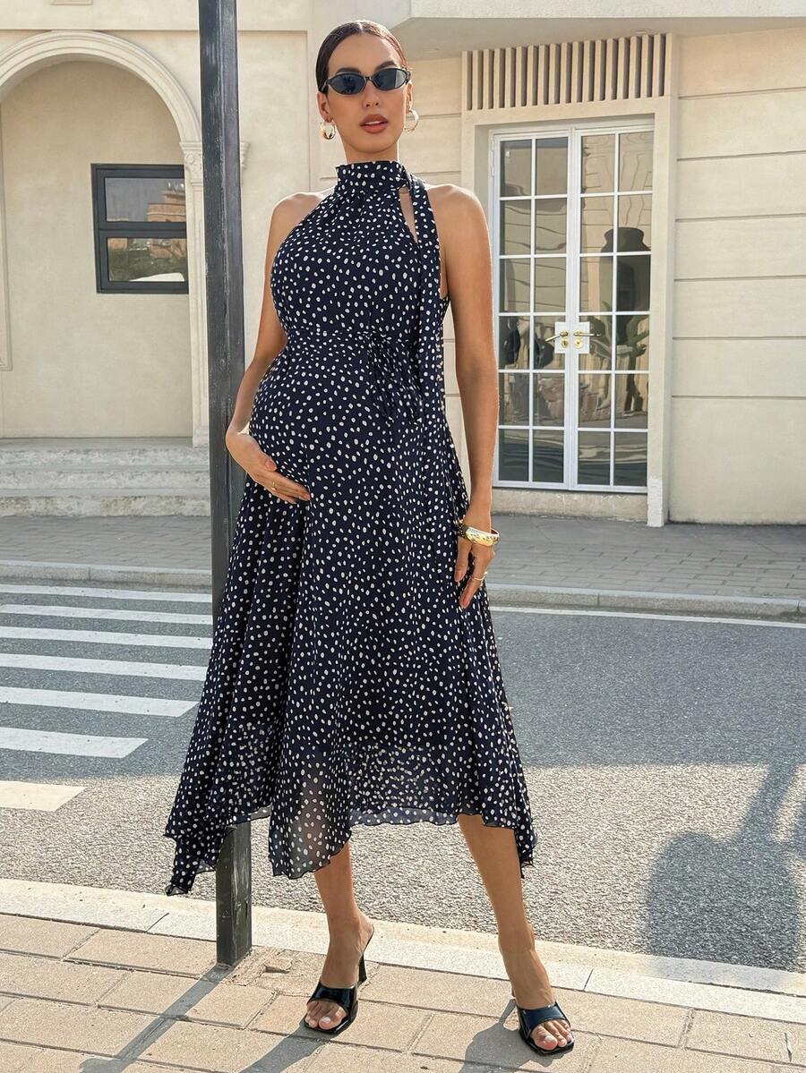Summer Outfit  Maternity Work Clothes Maternity Work Outfits Work Dresses  Elegant Halter Neck Black Polka Dot Asymmetrical Hem, Flowing Tie, Maternity Dress For Working Professionals. Maternity Vacation Allover Print Asymmetric Hem Fashionabl