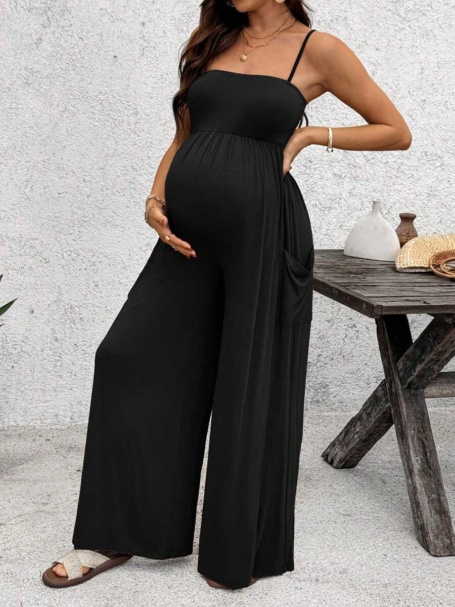 Royal Blue High-Stretch Maternity Halter Jumpsuit – Loose Fit Capri Length Unitard with Pockets & Draped Detail for Yoga, Casual Wear, or Night Out