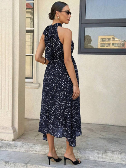 Summer Outfit  Maternity Work Clothes Maternity Work Outfits Work Dresses  Elegant Halter Neck Black Polka Dot Asymmetrical Hem, Flowing Tie, Maternity Dress For Working Professionals. Maternity Vacation Allover Print Asymmetric Hem Fashionabl