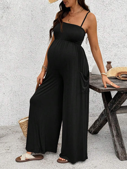 Royal Blue High-Stretch Maternity Halter Jumpsuit – Loose Fit Capri Length Unitard with Pockets & Draped Detail for Yoga, Casual Wear, or Night Out