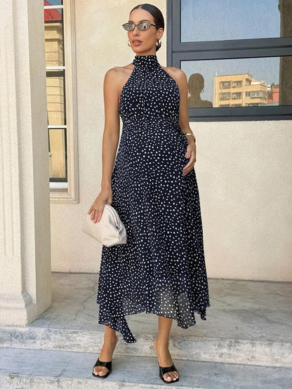 Summer Outfit  Maternity Work Clothes Maternity Work Outfits Work Dresses  Elegant Halter Neck Black Polka Dot Asymmetrical Hem, Flowing Tie, Maternity Dress For Working Professionals. Maternity Vacation Allover Print Asymmetric Hem Fashionabl