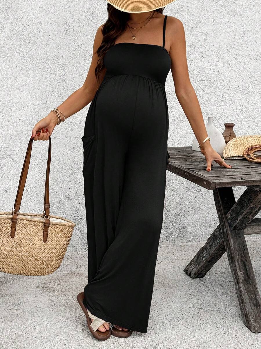 Royal Blue High-Stretch Maternity Halter Jumpsuit – Loose Fit Capri Length Unitard with Pockets & Draped Detail for Yoga, Casual Wear, or Night Out