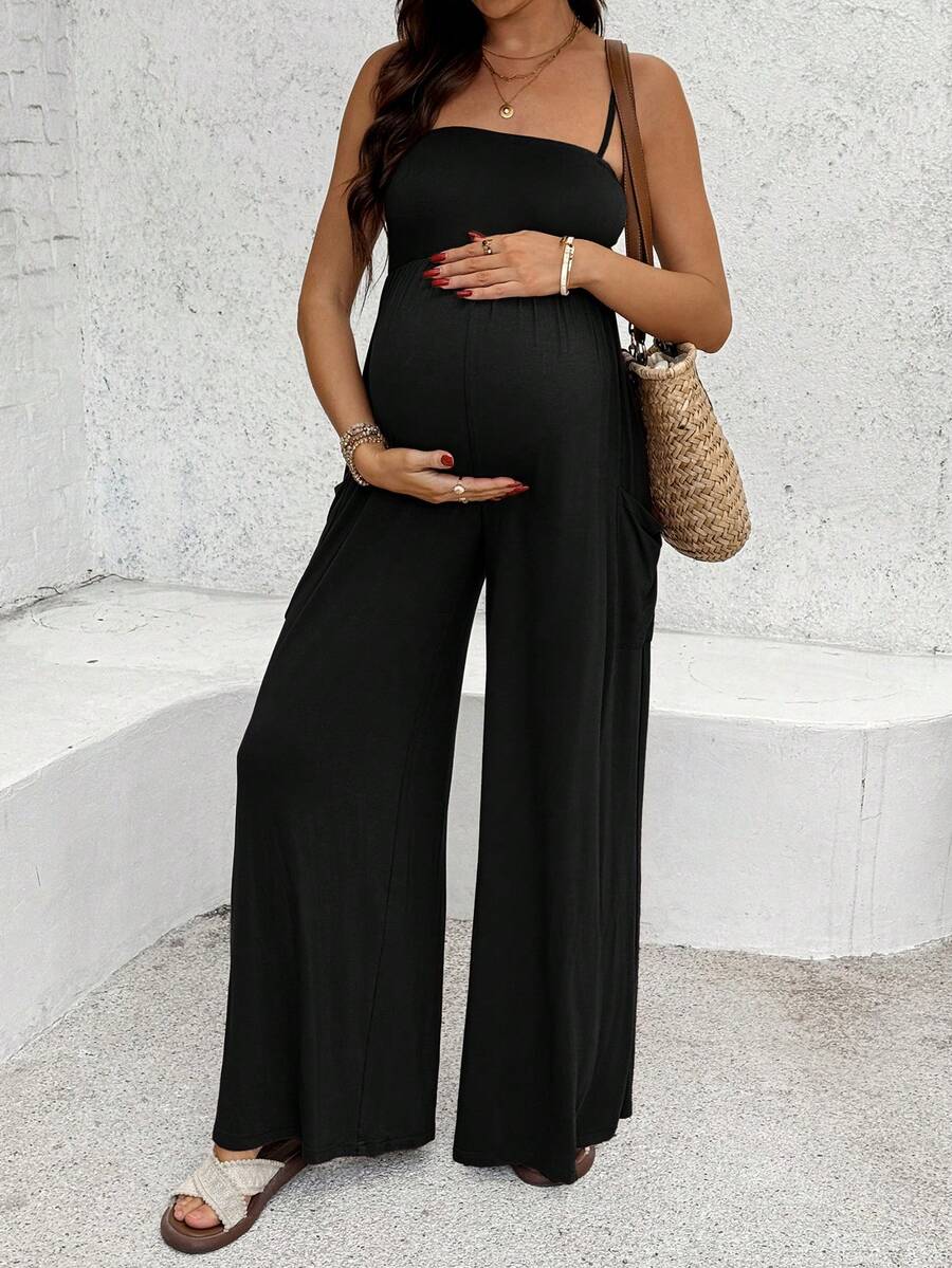 Royal Blue High-Stretch Maternity Halter Jumpsuit – Loose Fit Capri Length Unitard with Pockets & Draped Detail for Yoga, Casual Wear, or Night Out