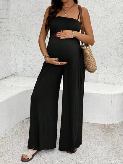 Royal Blue High-Stretch Maternity Halter Jumpsuit – Loose Fit Capri Length Unitard with Pockets & Draped Detail for Yoga, Casual Wear, or Night Out