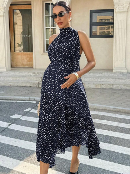 Summer Outfit  Maternity Work Clothes Maternity Work Outfits Work Dresses  Elegant Halter Neck Black Polka Dot Asymmetrical Hem, Flowing Tie, Maternity Dress For Working Professionals. Maternity Vacation Allover Print Asymmetric Hem Fashionabl