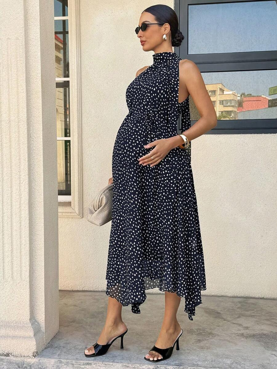 Summer Outfit  Maternity Work Clothes Maternity Work Outfits Work Dresses  Elegant Halter Neck Black Polka Dot Asymmetrical Hem, Flowing Tie, Maternity Dress For Working Professionals. Maternity Vacation Allover Print Asymmetric Hem Fashionabl