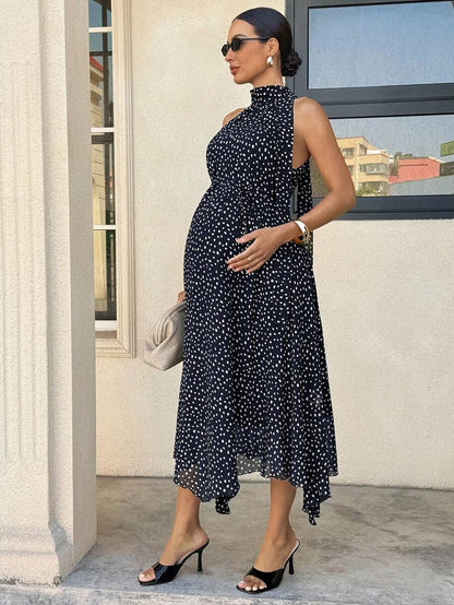 Summer Outfit  Maternity Work Clothes Maternity Work Outfits Work Dresses  Elegant Halter Neck Black Polka Dot Asymmetrical Hem, Flowing Tie, Maternity Dress For Working Professionals. Maternity Vacation Allover Print Asymmetric Hem Fashionabl