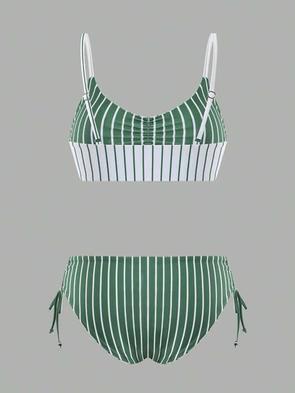 Swim Vcay Women's Vacation Beach Colorblock Striped Swimwear Set