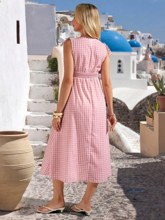 Pink and White Plaid Sleeveless A-Line Midi Maternity Dress - High Waist Round Neck Picnic Dress with Knot Detail and Flared Ruffle Hem