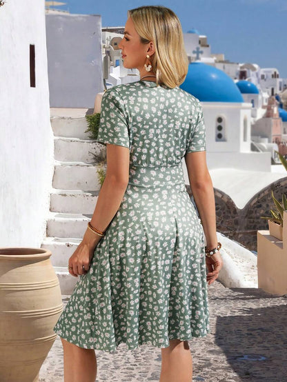 Mint Green Daisy Floral Maternity Midi Dress - V-Neck Short Sleeve Bump Friendly Nursing Dress - High Stretch Summer Casual Flare Dress