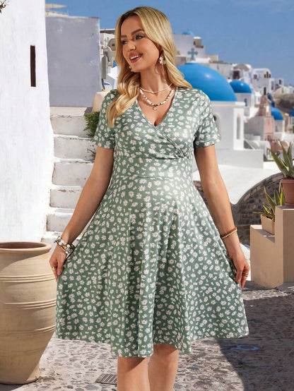 Mint Green Daisy Floral Maternity Midi Dress - V-Neck Short Sleeve Bump Friendly Nursing Dress - High Stretch Summer Casual Flare Dress