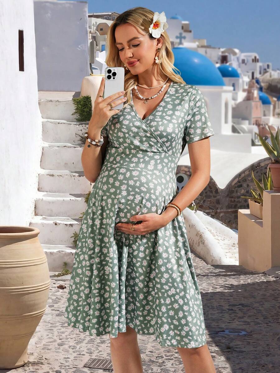 Mint Green Daisy Floral Maternity Midi Dress - V-Neck Short Sleeve Bump Friendly Nursing Dress - High Stretch Summer Casual Flare Dress