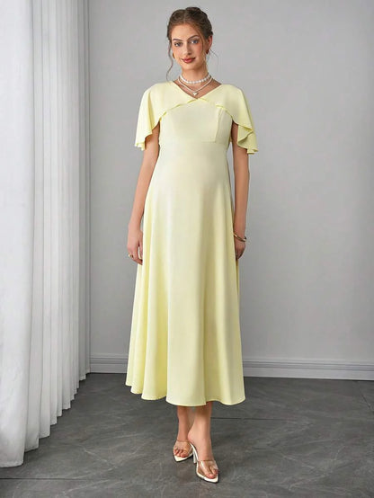 Maternity Elegant A-Line Maxi Dress - V Neck, Cloak Cap Sleeve, Ruffle, Pleated, Yellow