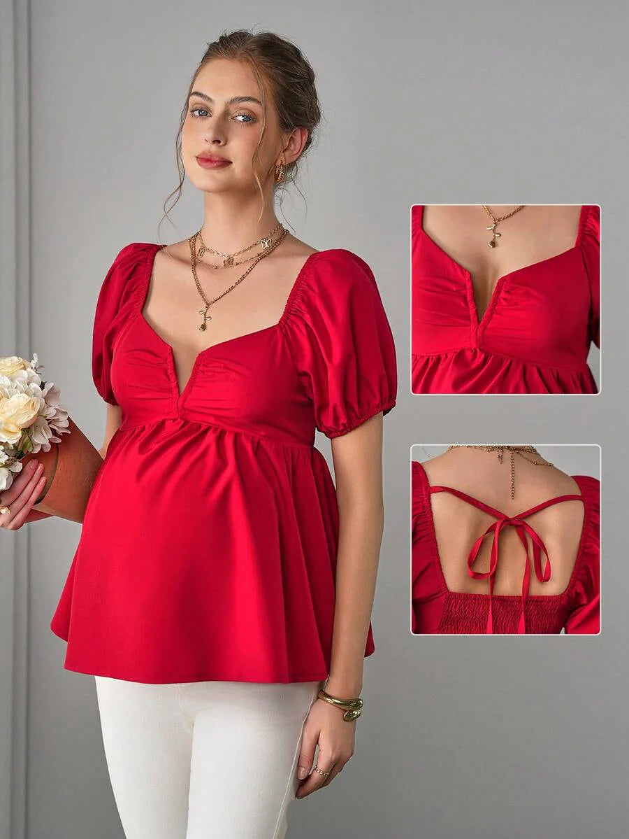 Maternity Peplum Blouse - Sweetheart Neck, Bishop Short Sleeve, Bow, Slim Fit, Red
