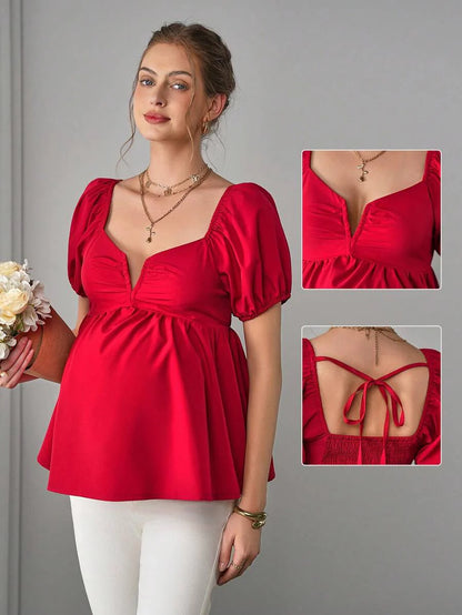 Maternity Peplum Blouse - Sweetheart Neck, Bishop Short Sleeve, Bow, Slim Fit, Red