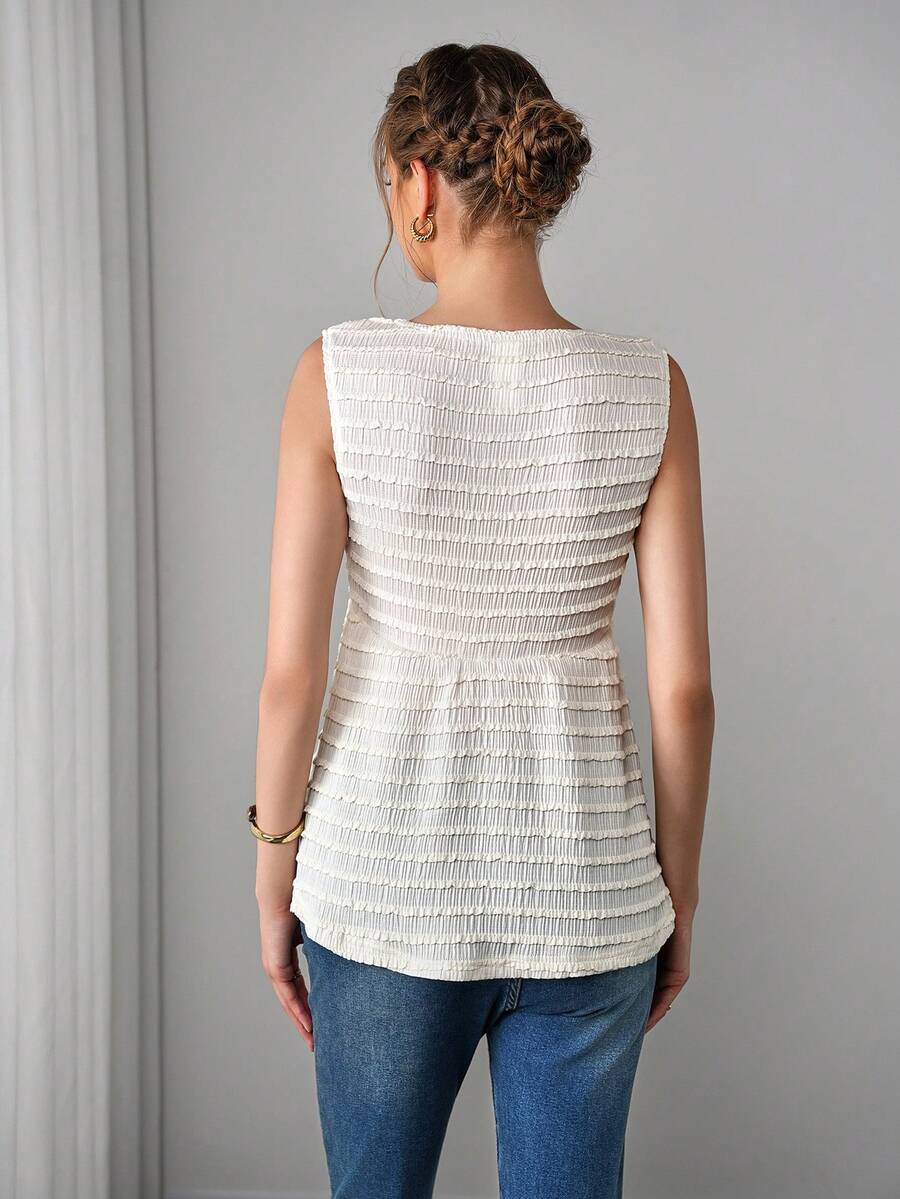 Maternity Camisole Peplum Top - Round Neck, Sleeveless, Textured, Ruffle Hem, Long, Apricot