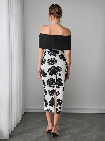 Maternity Floral Fitted Midi Dress - Off Shoulder, Short Sleeve, Slit Hem, Slim, Black and White