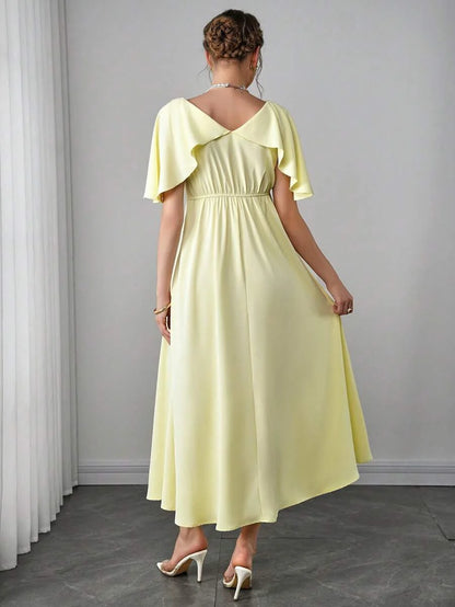 Maternity Elegant A-Line Maxi Dress - V Neck, Cloak Cap Sleeve, Ruffle, Pleated, Yellow