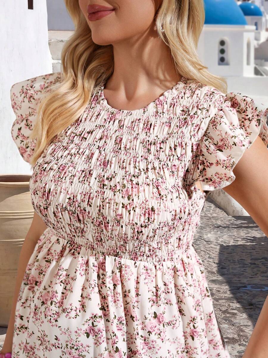Multicolor Ditsy Floral Maternity Peplum Shirt - Round Neck Cap Sleeve Ruffle Boho Blouse - Shirred Regular Fit Casual Summer Top