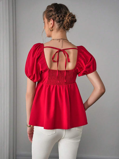 Maternity Peplum Blouse - Sweetheart Neck, Bishop Short Sleeve, Bow, Slim Fit, Red