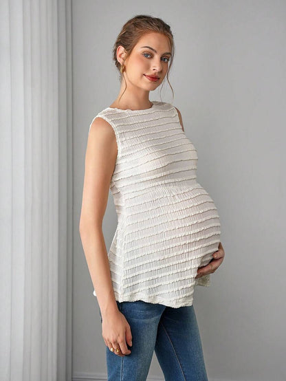 Maternity Camisole Peplum Top - Round Neck, Sleeveless, Textured, Ruffle Hem, Long, Apricot